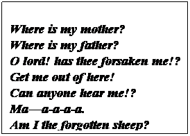 Text Box:  
Where is my mother?
Where is my father?
O lord! has thee forsaken me!?
Get me out of here!
Can anyone hear me!?
Maa-a-a-a.
Am I the forgotten sheep?
